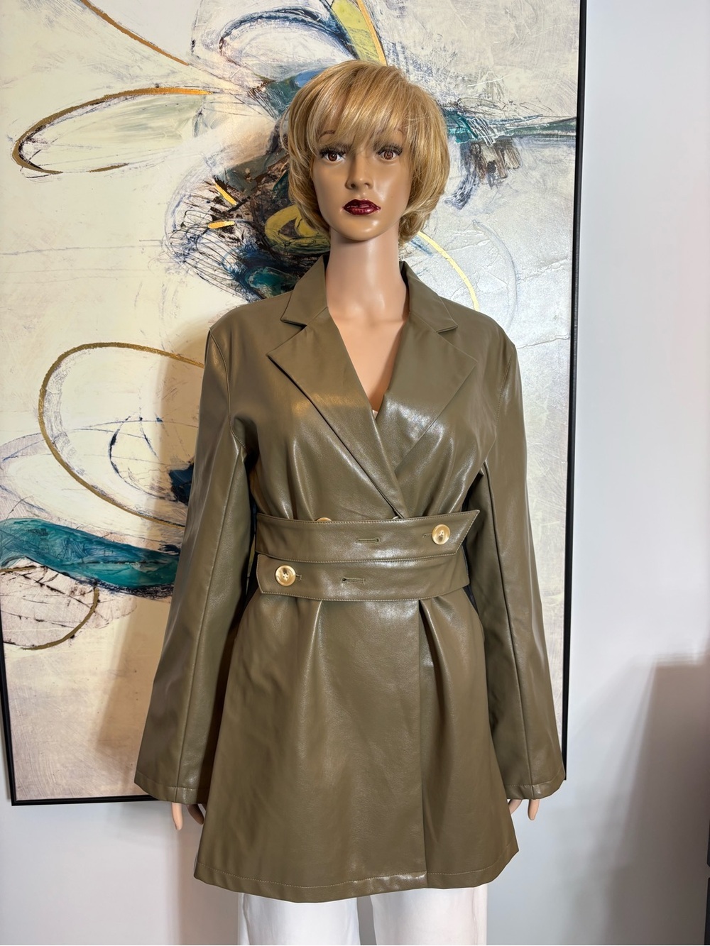 Olive Green Faux Leather Belted Trench Blazer - Picture 2 of 16